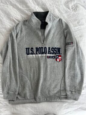 U.S. Polo Assn. Grey Fleece Quarter-Zip with Navy Logo and Red Shield